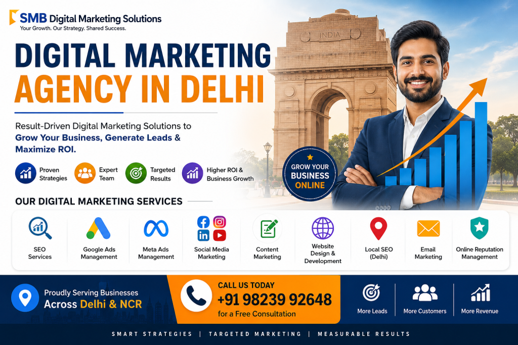 Digital Marketing Agency in Delhi by SMB Digital Marketing Solutions offering SEO, Google Ads, Meta Ads, Social Media Marketing, Website Development, Content Marketing, Local SEO, Email Marketing, and Online Reputation Management to help businesses generate leads and increase ROI.