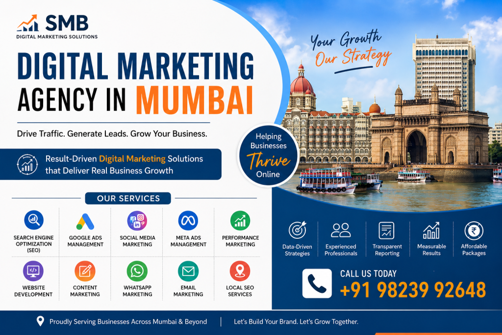 SMB Digital Marketing Solutions promotional banner showcasing Digital Marketing Agency in Mumbai services. The image features Mumbai's iconic Gateway of India and Taj Mahal Palace Hotel, along with digital marketing services including SEO, Google Ads Management, Social Media Marketing, Meta Ads Management, Performance Marketing, Website Development, Content Marketing, WhatsApp Marketing, Email Marketing, and Local SEO Services. The design highlights business growth, lead generation, and online visibility with a contact number for inquiries.