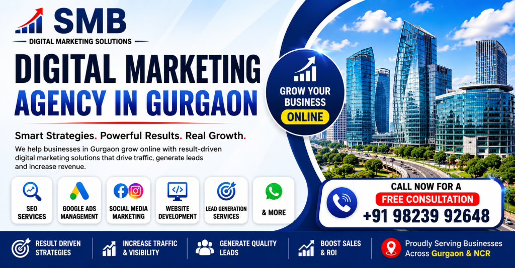 Digital Marketing Agency in Gurgaon by SMB Digital Marketing Solutions offering SEO, Google Ads, Social Media Marketing, Website Development, Lead Generation and Online Growth Services.
